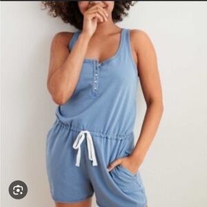 Aerie Sunwashed Henley Desert Romper Blue